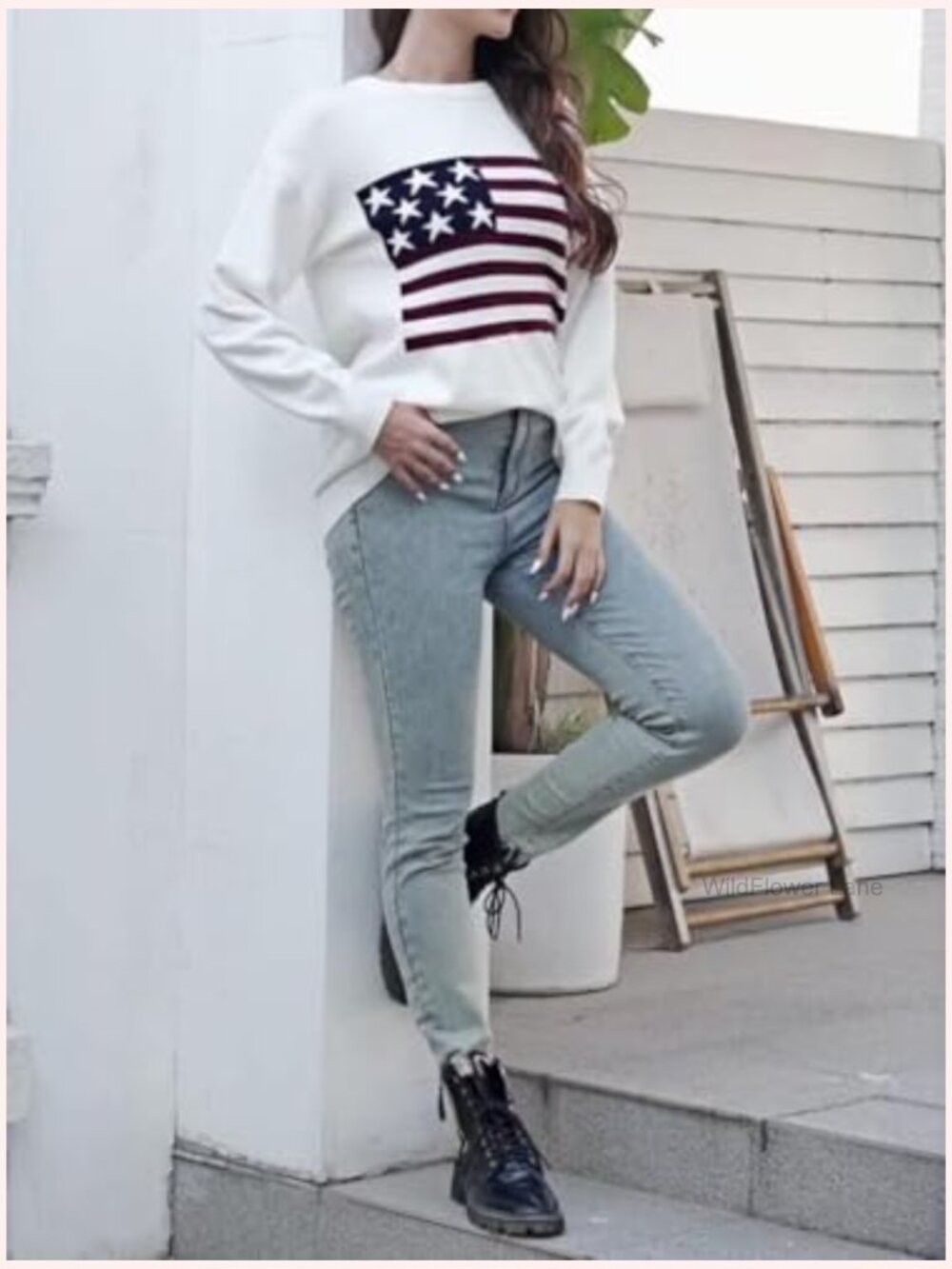 American Flag Knit Sweater Long Sleeve Crew Neck Pullover - Picture 4 of 7